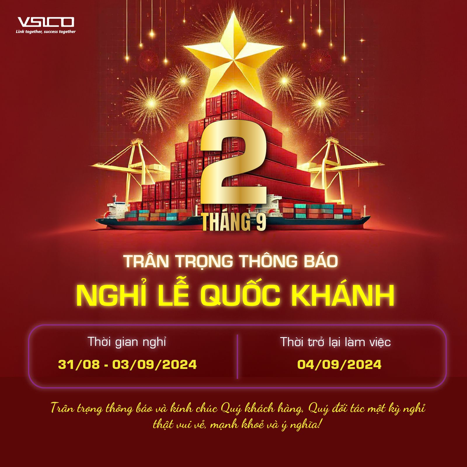 THÔNG BÁO LỊCH NGHỈ LỄ QUỐC KHÁNH 2/9