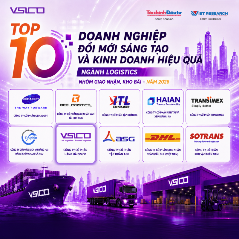 VSICO Lọt Top 10 Doanh nghiệp Đổi mới sáng tạo và Kinh doanh hiệu quả 2026 – Ngành Logistics